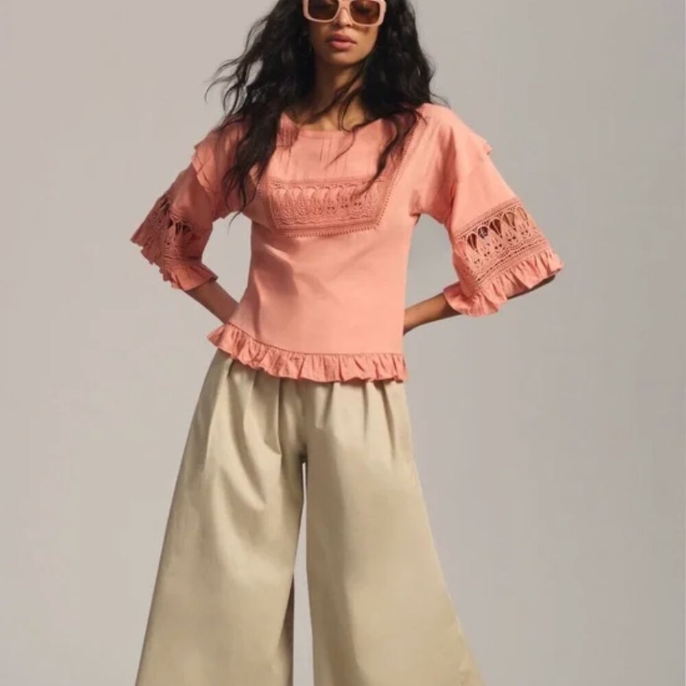 Anthropologie Tiny Pink/Peach Sonoma Ruffled Top - Size S